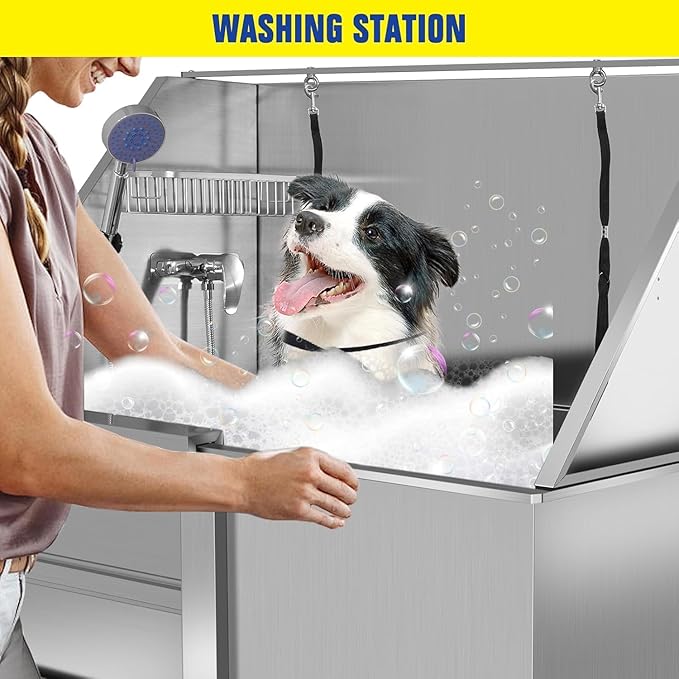 50 Inch Stainless Steel Dog Washing Station, Professional Grooming Tub with Stairs for Large Dogs, Home Bathtub for Pets with Hot & Cold Faucet