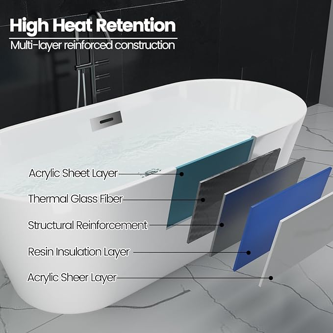 Freestanding Bathtub 67 inch Acrylic Soaking Tub – Modern Oval Freestanding Tub with Chrome Drain & Overflow for Home Spa or Bathroom Relaxation