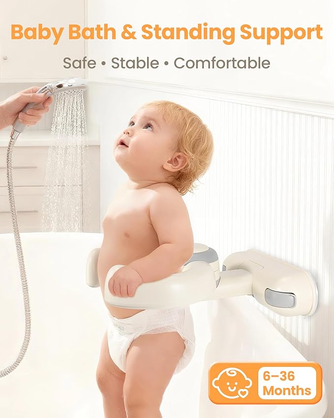 Baby Shower Stand for Infant to Toddler 6–36 Months, Wall-Mounted Baby Bath Stand Support with Adjustable Height & Powerful Suction, Space-Saving Easy Clean Design, Baby Shower Gifts,Gray