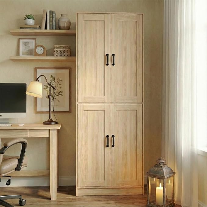 71" Tall Kitchen Pantry Cabinet, Freestanding Food Storage Organizer with Doors & Adjustable Shelves, Large Utility Hutch Cupboard for Dining Room, Living Room, Bathroom & Home Office, Oak