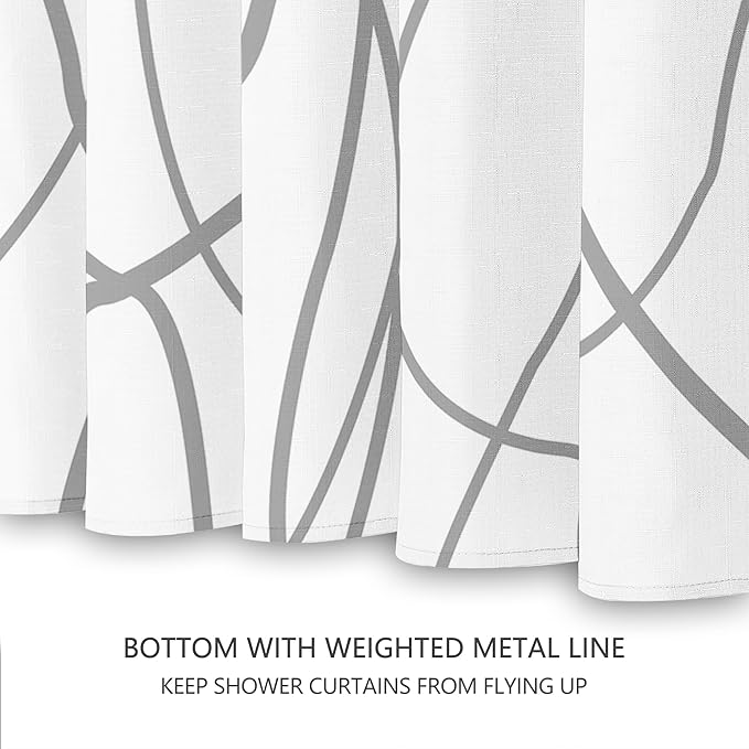 Tititex Morden 140gms Faux Linen Fabric Bath Shower Curtain Set Textured Fabric with White Gray Curve Pattern 72x72 Inch Water Resistant Bathroom Curtains, Weighted Hem & Hooks for Home/Hotel