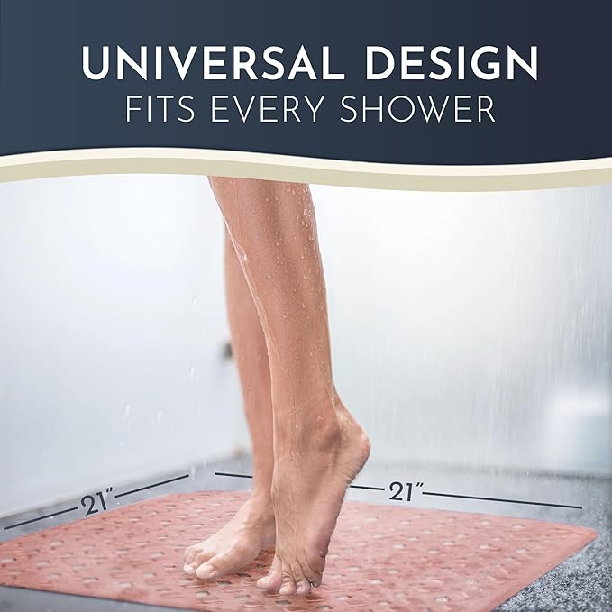 homerella® Shower Mat Non Slip Anti Mold, Non Slip Shower Mats for Inside Shower Stall Anti Slip Mat, Square Shower Floor Mat 21 x 21 in with Suction Cups & Hooks for Quick Drying, Machine Washable