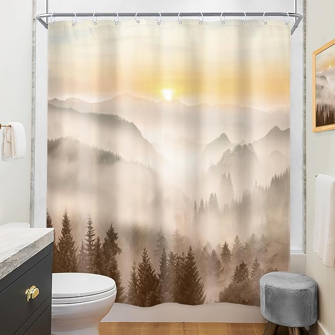 Riyidecor Misty Mountain Shower Curtain 60Wx72H Inch Brown Sunrise Nature Scenery Foggy Pine Tree Woodland Modern Natural Landscape Men Cool Bathroom Decor Fabric Polyester Waterproof 12 Pack Hooks