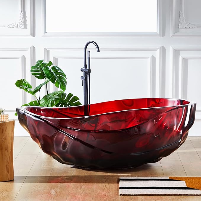 Cpingao 67" Resin Translucent Freestanding Bathtub, Modern Oval Stand Alone Tubs, Contemporary Transparent Resin Freestanding Bath 1700 MM with Drain Fiery Red 8852-1700-RED