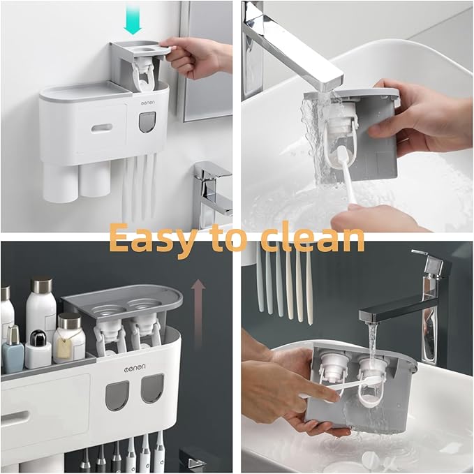 No-Drill Wall Mounted Toothbrush Holder, Bathroom Shelf, with Automatic Toothpaste Dispensers 4 Brush Hooks 4 Magnetic Cups 1 Cosmetic Drawer Organizer and Large Storage (1 Dispenser 4 Cups)
