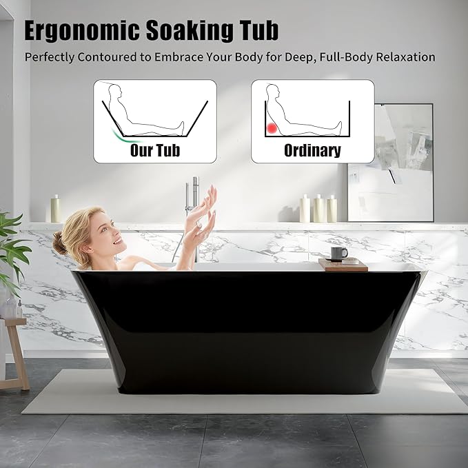 67" Acrylic Freestanding Bathtub - Glossy Black Rectangle Soaking Tub with Chrome Overflow & Drain Kit, CUPC Certified