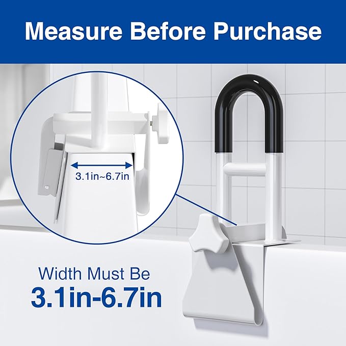 Bathtub Safety Rail: Shower Grab Bar Handle for Seniors, Elderly, and Disabled, Fits 3.1 to 6.7 Inch Tub Walls, Bathroom Safety Bars with Non-Slip Grip, Supports 300 lbs