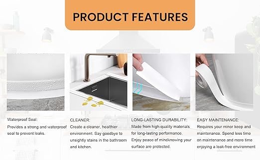White Caulk Tape Waterproof Self Adhesive, Caulking Tape, Sealer Strip for Bathroom, Toilet Base, Shower, Bathtub, Sink, Countertop Edge Protector, Easy to Use with Silicone Caulking Tool