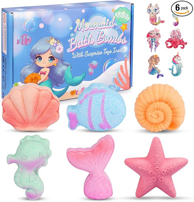 Mermaid Bath Bombs for Girls Kids with Surprise Inside, 6PCS Organic Essential Oil Bubble Bath Bombs for Kids，Christmas Birthday Gift for 3-8 Mermaid Princess Party Favors