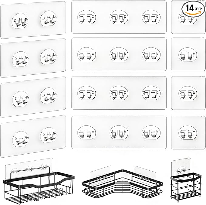 HAOBAOBEI 14 Pack Shower Caddy Adhesive Replacement, Strong Adhesive Hooks for Shower Caddy, Shower Shelf Adhesive No Drilling, for Bathroom Storage Shelves and Kitchen Racks & Soap Holder