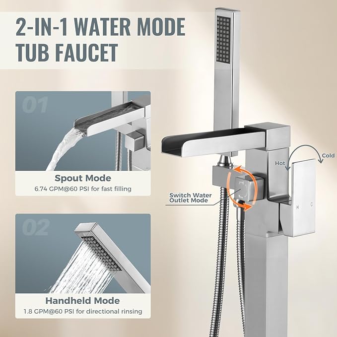 Freestanding Tub Faucet Brushed Nickel: ALEASHA High Flow Max 6.74 GPM Free Standing Tub Filler - Brass Modern Floor Mount Bathtub Faucet with Handheld Shower, for The Ultimate Elegant SPA Experience
