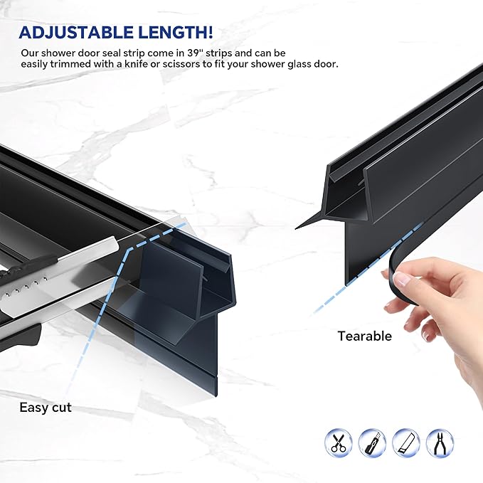 2-Pack Frameless Shower Door Bottom Seal (3/8" X 39") Clear Glass Seal Strip Shower Door Sweep - Stop Shower Leaks, Black