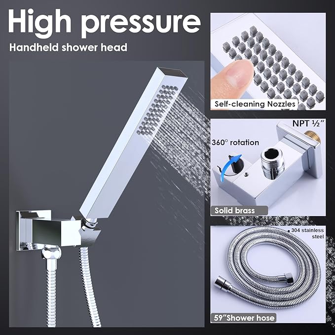 Enga Rain Shower System with Body Jets, 12 Inch Powerful Full Body Shower System with Rainfall Shower and Handheld Spray, Rough-in Mixer Valve Shower Faucet Set, Chrome