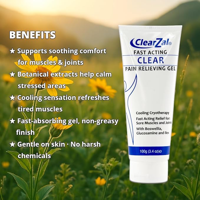 ClearZal Fast Acting Clear Pain Relieving Gel with Cooling Cryotherapy, Boswellia and Glucosamine for Sore Muscles and Joints, Soothing Cooling Gel 3.4 oz
