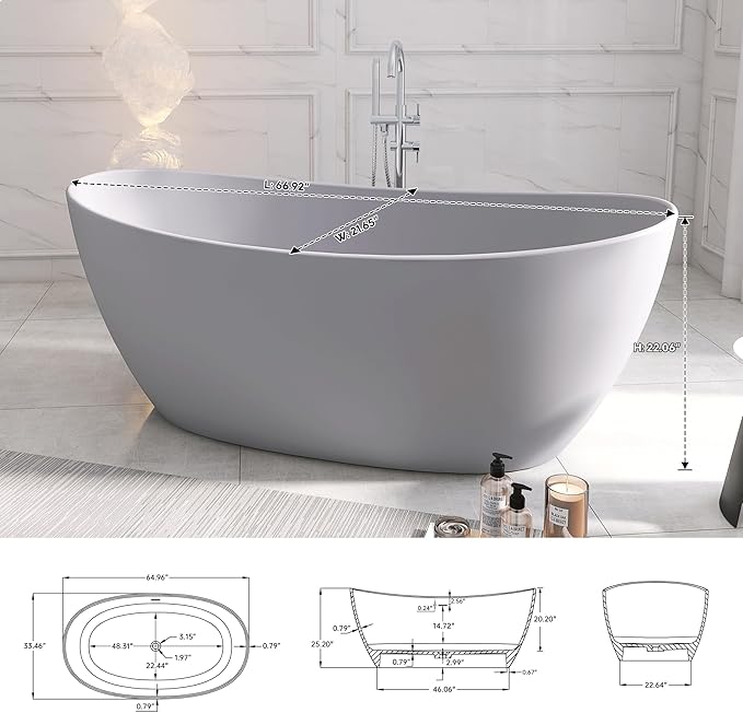 SJ STAR&JANE 65" Solid Surface Freestanding Bathtub Stone Resin Soaking Tub Light Gray Double Slippers Stand Alone Oval Tub with Pop-up Drain and Overflow for Bathroom