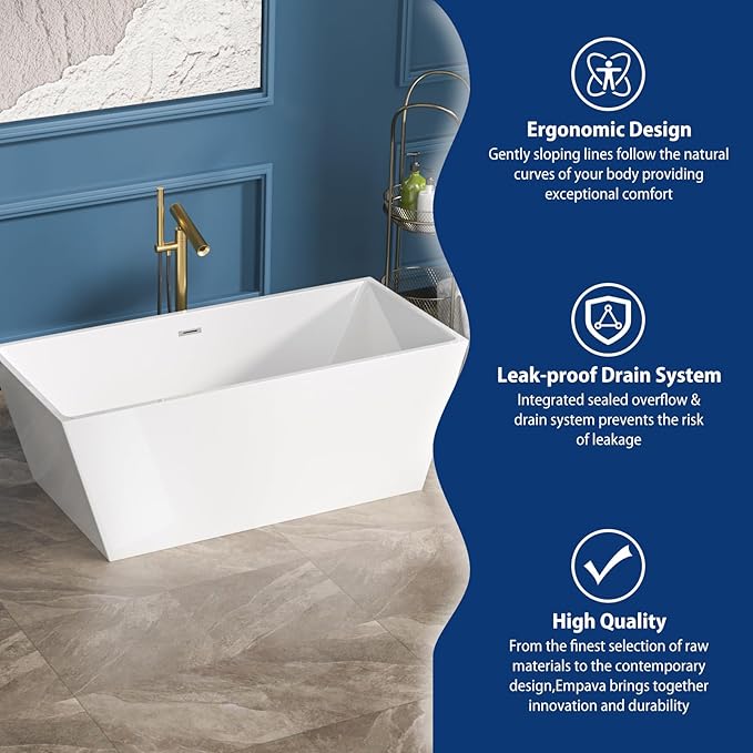 Sarlai 67 Inch Acrylic Freestanding Soaking Bathtub Contemporary Soaking White Tub Stand Alone Ergonomic Bathtub with Chrome Overflow and Drain