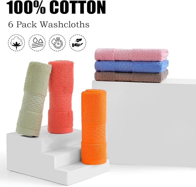 6 Pack 100% Cotton Washcloths Set, Highly Absorbent and Soft Feel Fingertip Towels, 13 x 13 in Quick Dry Face Cloths