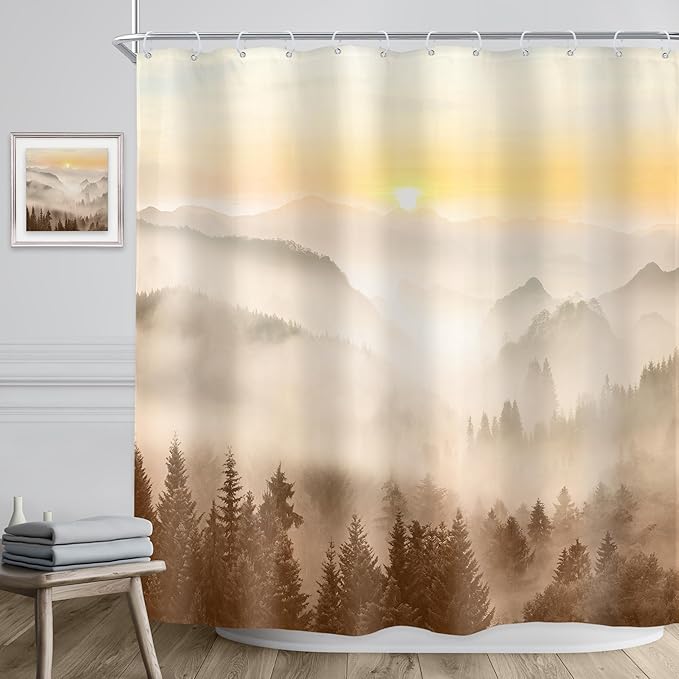 Riyidecor Misty Mountain Shower Curtain 72Wx72H Inch Brown Sunrise Nature Scenery Foggy Pine Tree Woodland Modern Natural Landscape Men Cool Bathroom Decor Fabric Polyester Waterproof 12 Pack Hooks