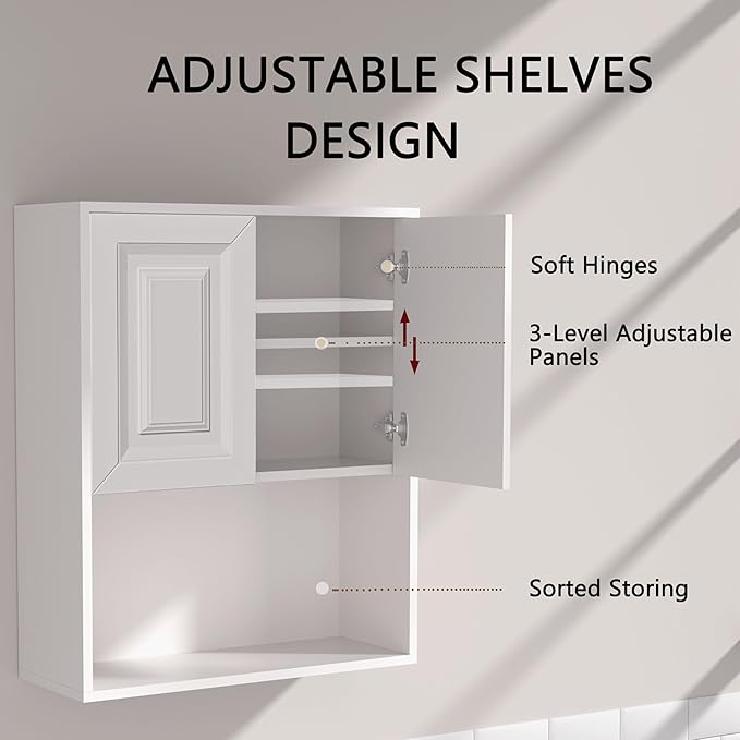 Bathroom Wall Cabinet Wooden with 2 Doors,Over the Toilet Storage Cabinet,Bathroom and Laundry Wall Mount Storage Medicine Cabinet with Open and Adjustable Shelf,Easy Assembly (Style B-2 PC, White)