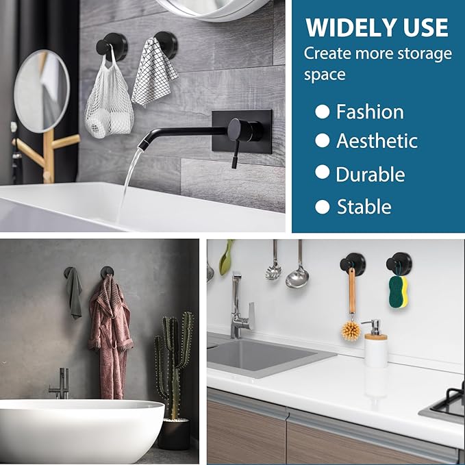 Suction Cup Hooks for Shower, 2 PCS No-Drill Towel Holder for Bathrooms Wall, Glass Door, Mirror, Tiles, Kitchen, Hold Robe & Wreath, Hanging up to 15 lbs – Waterproof & Rustproof, Matte-Black