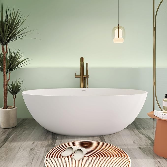 71" Premium Solid Surface Freestanding Bathtubs, Oval Stone Resin Tub with Overflow and Pop-up Drain, Matte White