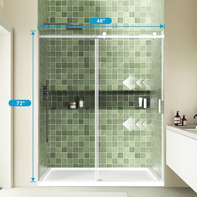 48" x 72" Frameless Sliding Shower Door, (1/4") Tempered Glass, Heavy-Duty 304 Stainless Steel Hardware, Adjustable 46-48" Width, Silent φ45 Rollers & 6" Handle, No-Leak F-Type/Bubble Seals