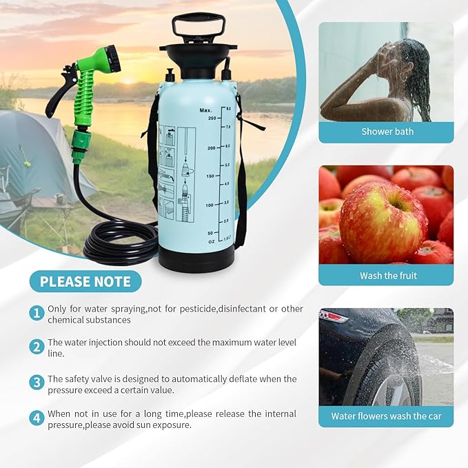 Portable Shower Blue 8L with 7 Spray Modes, Hand Press with Removable Hose and Shower Head