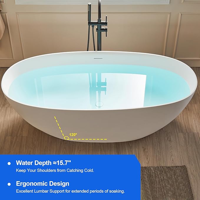 Cpingao 71" Stone Resin Freestanding Bathtub, Contemporary Oval Stand Alone Soaking Tubs, Solid Surface Bathtub with Drain & Integrated Slotted Overflow Matte White 8845-1800