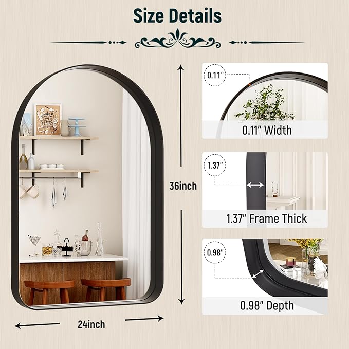 GLSLAND 24”x36“ Black Arched Bathroom Mirror - Aluminum Alloy Framed Wall- Matted Wall Mirrors for Bedroom, Entryway Mirrors for Wall