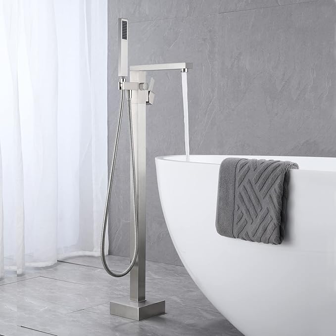 Freestanding Bathtub Faucet Tub Filler Brushed Nickel Floor Mount Bathroom Faucets Brass Single Handle with Hand Shower