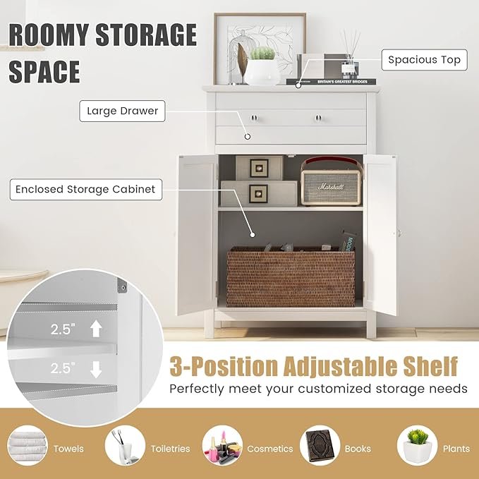 COSTWAY Bathroom Floor Cabinet, Wooden Side Storage Organizer w/Larger Drawer, Adjustable Shelf & 2-Door Cupboard, Freestanding Storage Cabinet for Living Room, Kitchen, Entryway (White)