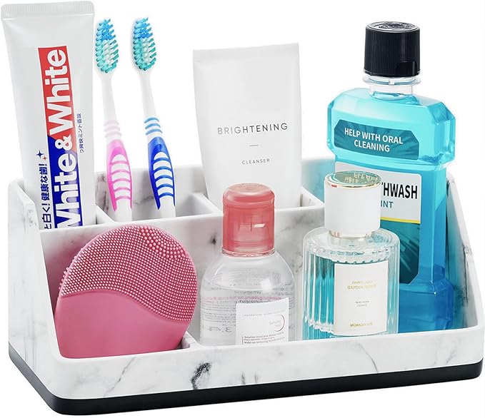 VITVITI Toothbrush Holder for Bathroom, Resin Bathroom Organizer Countertop Sink, Bathroom Counter Organizer Accessories 5 Compartment Storage for Toothpaste/Vanity, White Marble Color