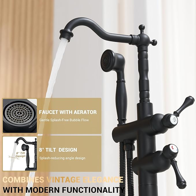 Freestanding Tub Faucet Sets, JetsBath Floor Mount BathTub Filler with 360° Swivel Spout & Handheld Sprayer, Matte Black Floor Mount Bathtub Faucet Single Handle with Supply Hose