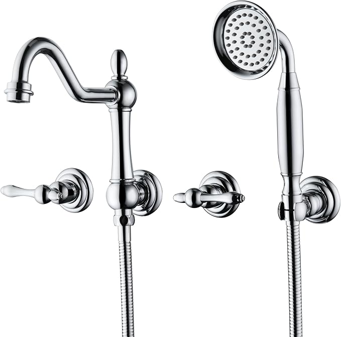 SUMERAIN Vintage Wall Mounted Bathtub Faucet with Hand Shower, High Flow Tub Filler Chrome Finish, Rough-in Valve Included