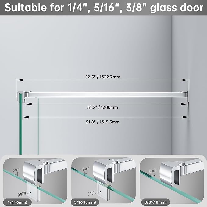Frameless Shower Door Support Bar, Stainless Steel Wall-to-Glass Support Arm to Fixed Shower Glass Panel, for 1/4"-3/8" (6-10 mm) Door, 180° Pivot & Stow-Flat Mode (Chrome, 51.2-inch(1300mm))
