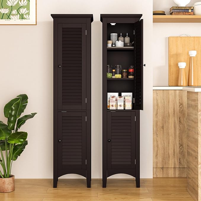 Tangkula 63" Tall Bathroom Storage Cabinet, Freestanding Narrow Linen Tower with Adjustable Shelf, Modern Slim Floor Cabinet with 2 Doors for Bathroom, Living Room, Kitchen (Brown)