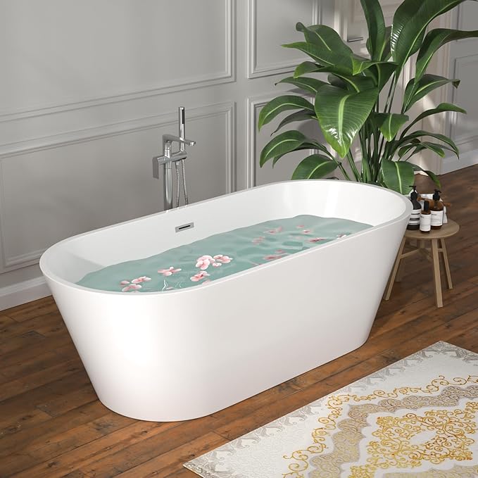 67 Inch Freestanding Acrylic Soaking Tub White Roll Top Deep Bathtub with Black Drain Relaxing Home Spa, YSB9222