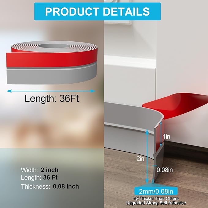 Heavy-Duty 2Inch (W) x 36FT(L) Door Weather Stripping, Extra Thick 2mm Door Draft Stopper Silicone Seal Strip, Draft Seal Tape for Doors Windows and Shower Glass Gap