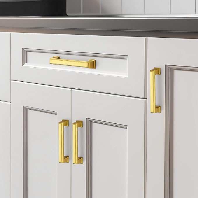Ravinte Hardware 10 Pack Brushed Brass Cabinet Pulls, 3-3/4 Inch (96mm) Hole Center Zinc Alloy Drawer Handles for Kitchen Cabinets, Cupboards, Dressers, Square Solid Metal Hardware