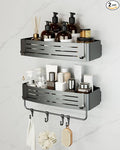 Onemake Shower Caddies Suction Cup, 2-Pack Removable Bathroom Shelf, Shower Organizer with Portable Hooks, Shower Caddy Corner Waterproof Holder with Towel Bar, Gray