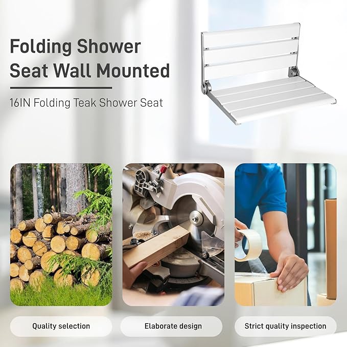 Wall Mounted Shower Seat – 16IN Teak Fold Down Shower Seat for Elderly, Disabled & Pregnant Women – Sturdy Shower Benches for Inside Shower with 400LB Capacity – 2025 Premium White Shower Bench