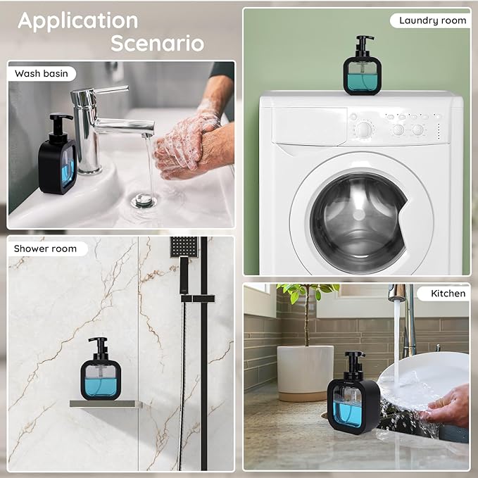 Segbeauty 10.1oz Black Foaming Soap Dispenser, 2pcs 300ml Square Refillable Dish Soap Foam Dispenser for Kitchen Cleaning, Empty Bathroom Shampoo Body Wash Foam Soap Pump Bottles with Pump Stickers