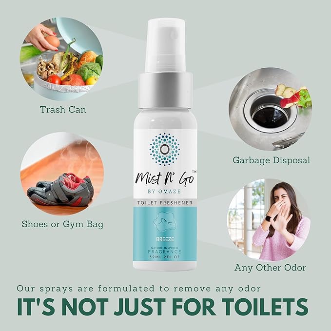 Mist N’ Go by Omaze Travel Bathroom Spray for Toilet Spray Odor Eliminator - Travel Toilet Spray for Bathroom Air Freshener Spray for Bathroom Deodorizer - Breeze Regular Size (2oz x5)