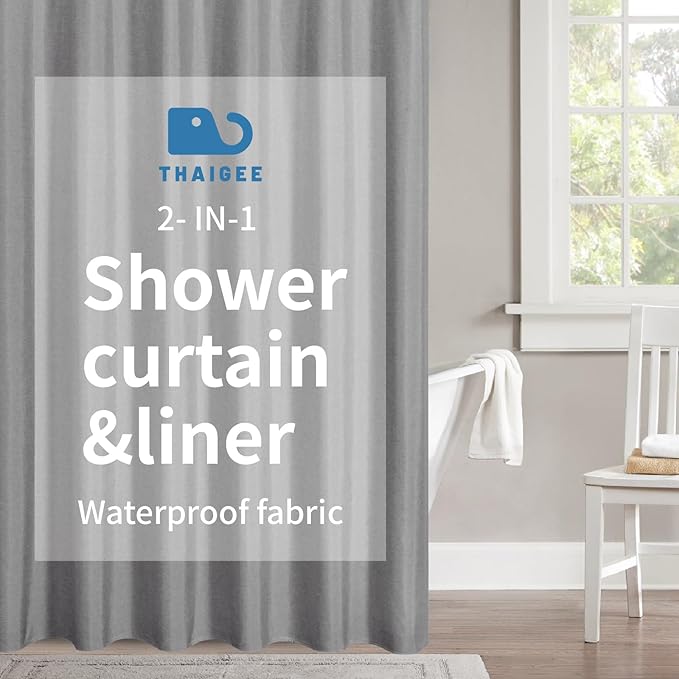 2-in-1 Waterproof Fabric Shower Curtain or Liner,Linen Textured,Breathable TPU & Washable Bathroom Shower Curtain Set with 12 Plastic Hooks,Modern,72"x72" Grey