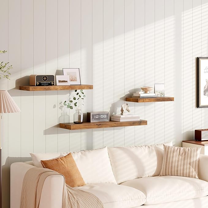 Floating Shelves for Wall, 1.5" Thick Wall Shelf Set of 4 with Invisible Brackets, 23.6L x 7.9W Hanging Shelves Farmhouse Home Decor for Bathroom, Living Room, Bedroom, Rustic Brown 6301BJP4BF