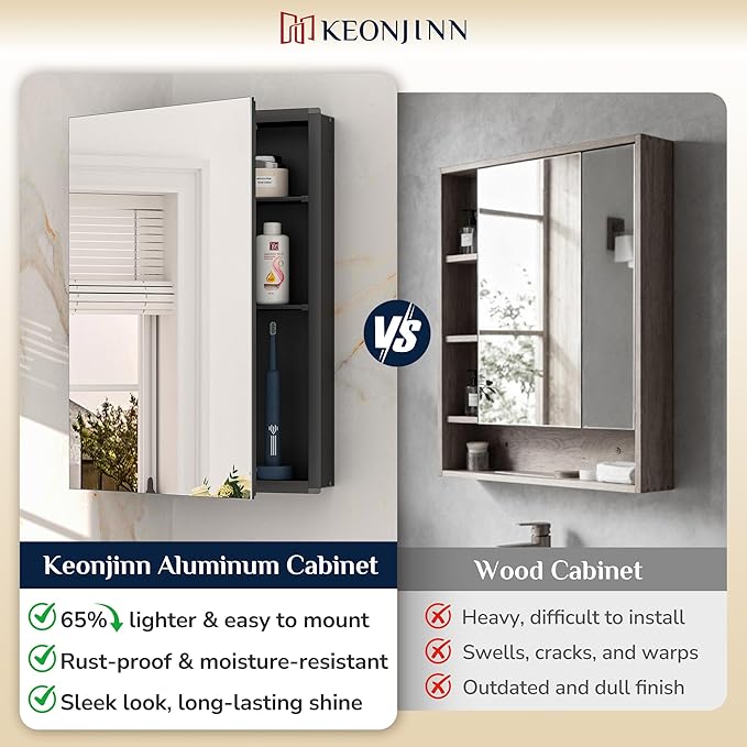 Keonjinn 48 x 32 Inch Oversized Medicine Cabinet for Bathroom with Mirror, Assembly Required, Black Aluminum Structure, Free Adjustable Shelves, Combined Recessed or Surface Mount Wall Cabinet