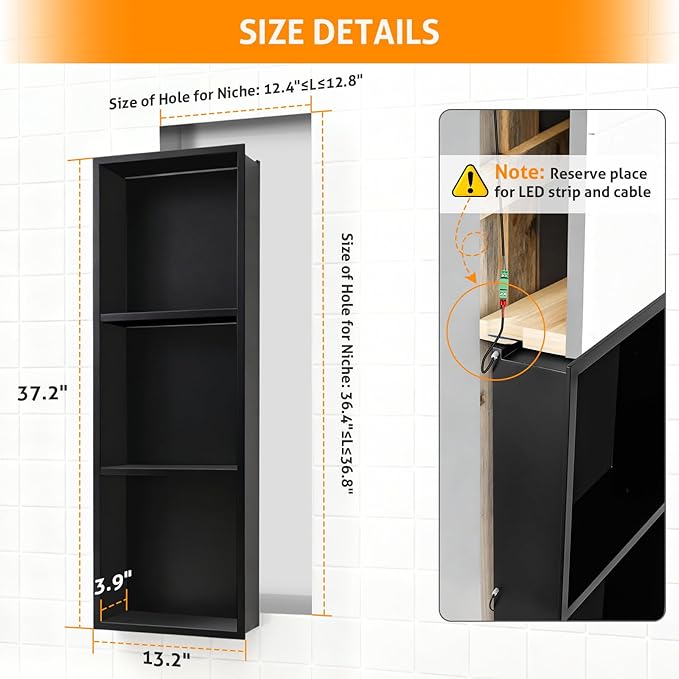 WICHEMI Stainless Steel Shower Niche 12" X 36", No Tile Needed Wall Niche with LED Light, Recessed Shower Shelf for Bathroom Storage Over Mount Installation, Matte Black