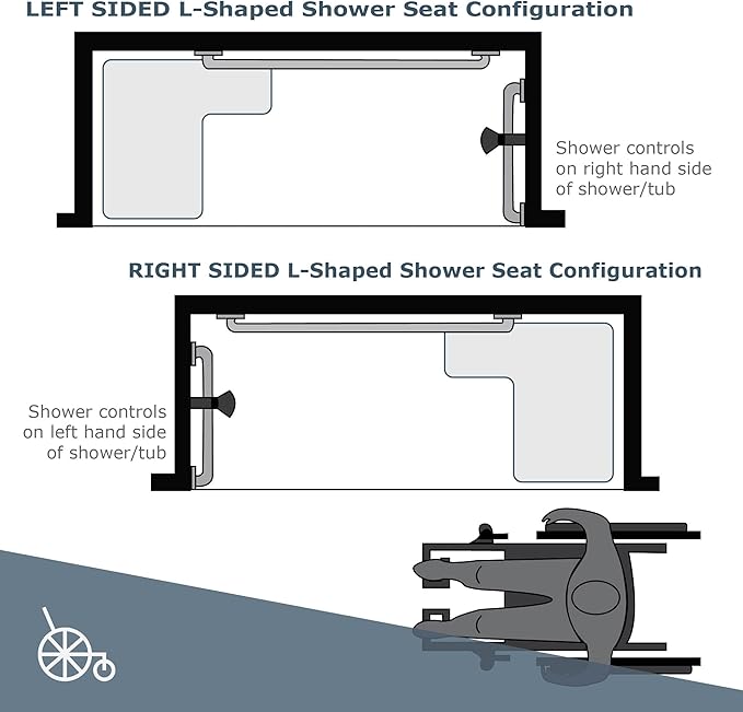 Seachrome Lift-Assist Shower Seat, L-Shaped Left-Hand, ADA, Wall Mount, Padded White Naugahyde