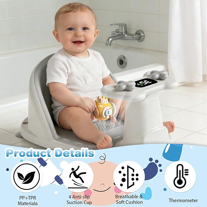 Baby Bath Seat for Babies 6 Months & Up - Bathtub Seats for Babies Sitting Up, Non-Slip,Smart Real-Time Temperature& 4 Suction Cups(Grey)