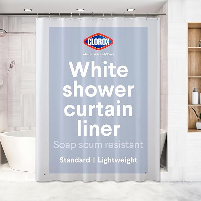 Clorox Shower Curtain Liner, Premium Lightweight Flexible Waterproof 4g PEVA for Bathroom with Weighted Magnets, Standard Size 70" x 72", White 1 Pack